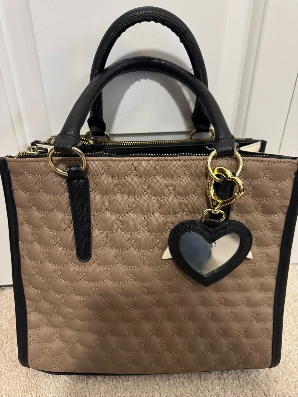 Betsey Johnson Taupe Quilted Satchel with Black Trim and Heart Charm